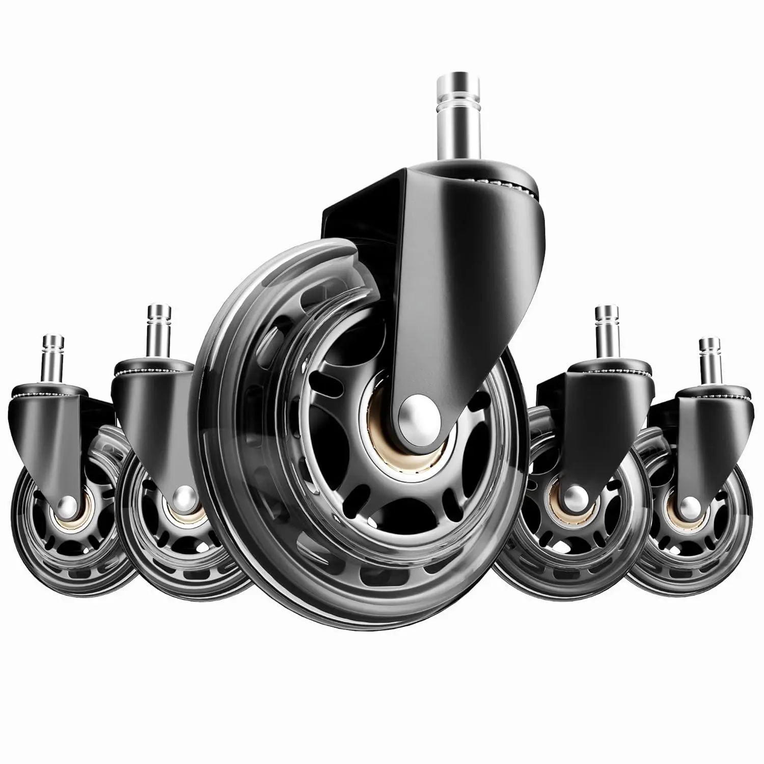 5-Inch Non-Marking Heavy-Duty Steel-Rubber Castors (5 Pcs), 650 lbs Load Capacity, Robust Construction, Smooth Safe Rolling, Standard Size Chair Wheels for Hardwood/Carpet Floors, Office Chair Replacement Wheels for Computer Gaming Desks
