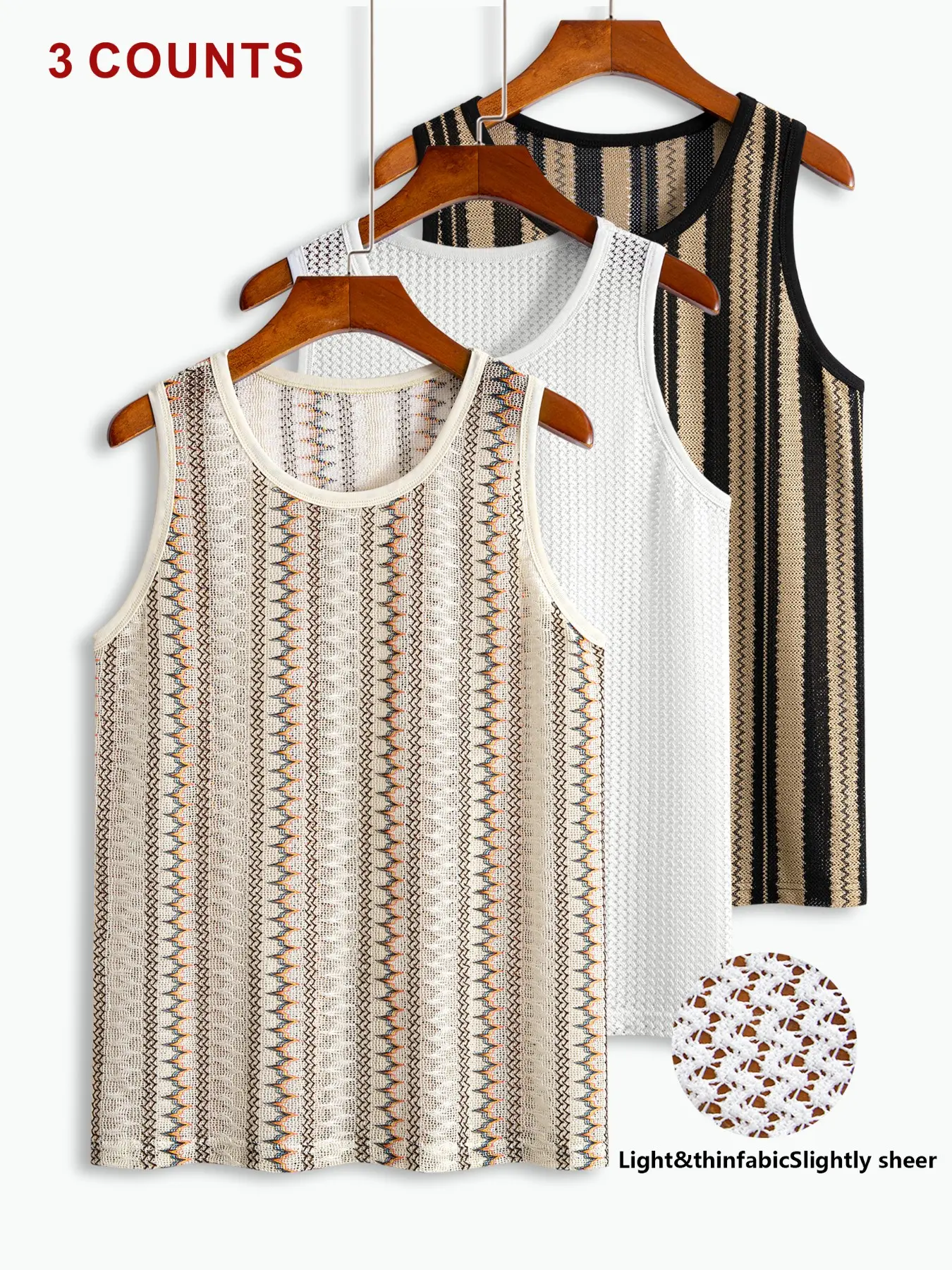 Men's 3-Pack Knit Tank Tops, Aztec Striped Sleeveless Shirts, Casual Breathable Summer Vest Tops for Gym, Streetwear & Beach & Daily Wear, Knitted Tank Top