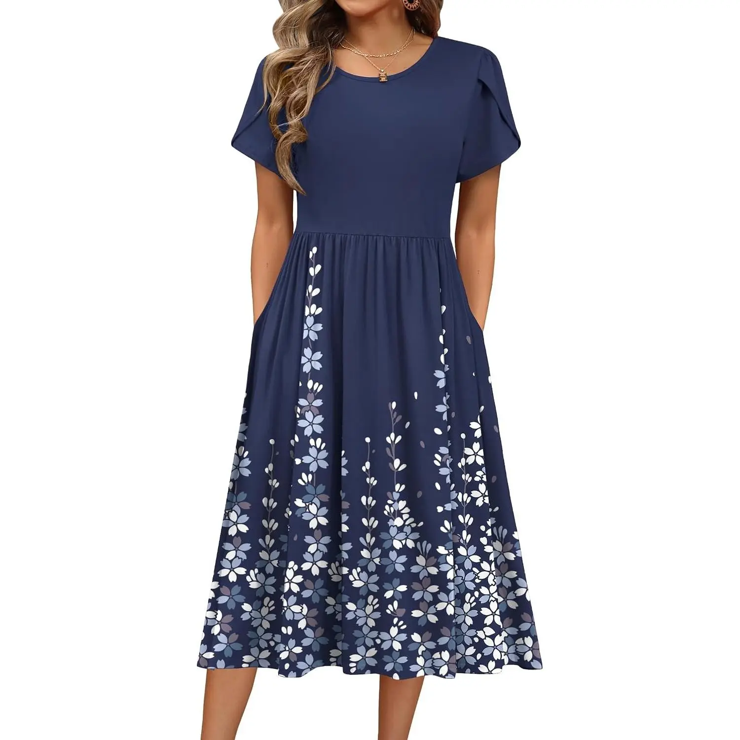 Women's 2026 Polyester-Viscose Elastic Short-Sleeve A-Line Midi T-Shirt Dress, Lightweight Flowy Casual Floral Beach Sundress with Pockets, Shortsleeve