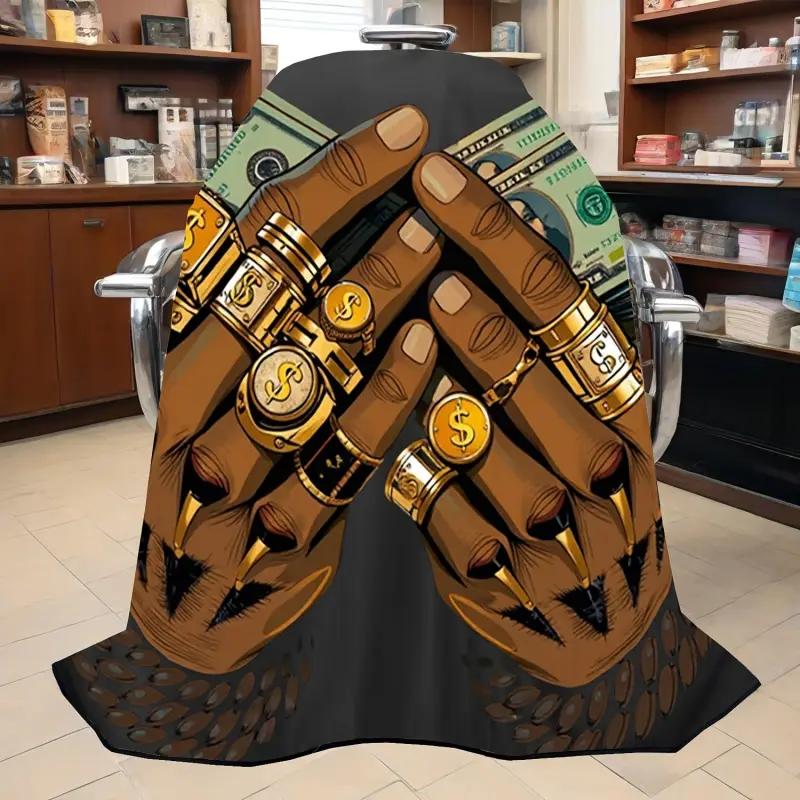 Luxury Salon Cape with Golden Rings & Dollar Bills Design - Elegant Black Background Hairdressing Wrap for Professional Stylists, Barber Shop, Easy-Clean Barber Decor, Styling, Premium Fabric