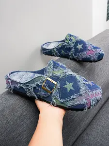 Men's Mules Summer New Denim Slip-On Shoes, Trendy Minimalist Colorblock Design, Comfortable Breathable Rubber Sole, All-Season Casual Footwear