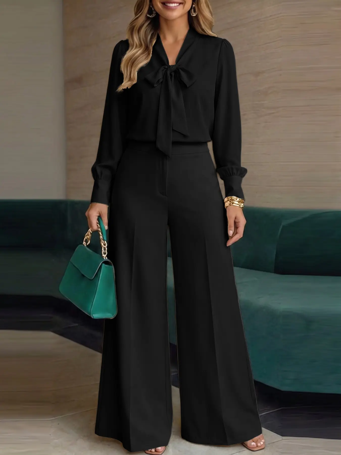 ZANZEA Women's V-Neck Long Sleeve Blouse and Zipper Wide Leg Pants Set, Outfit, Business Chic Style Two-Piece, Loose-Fitting, All Seasons