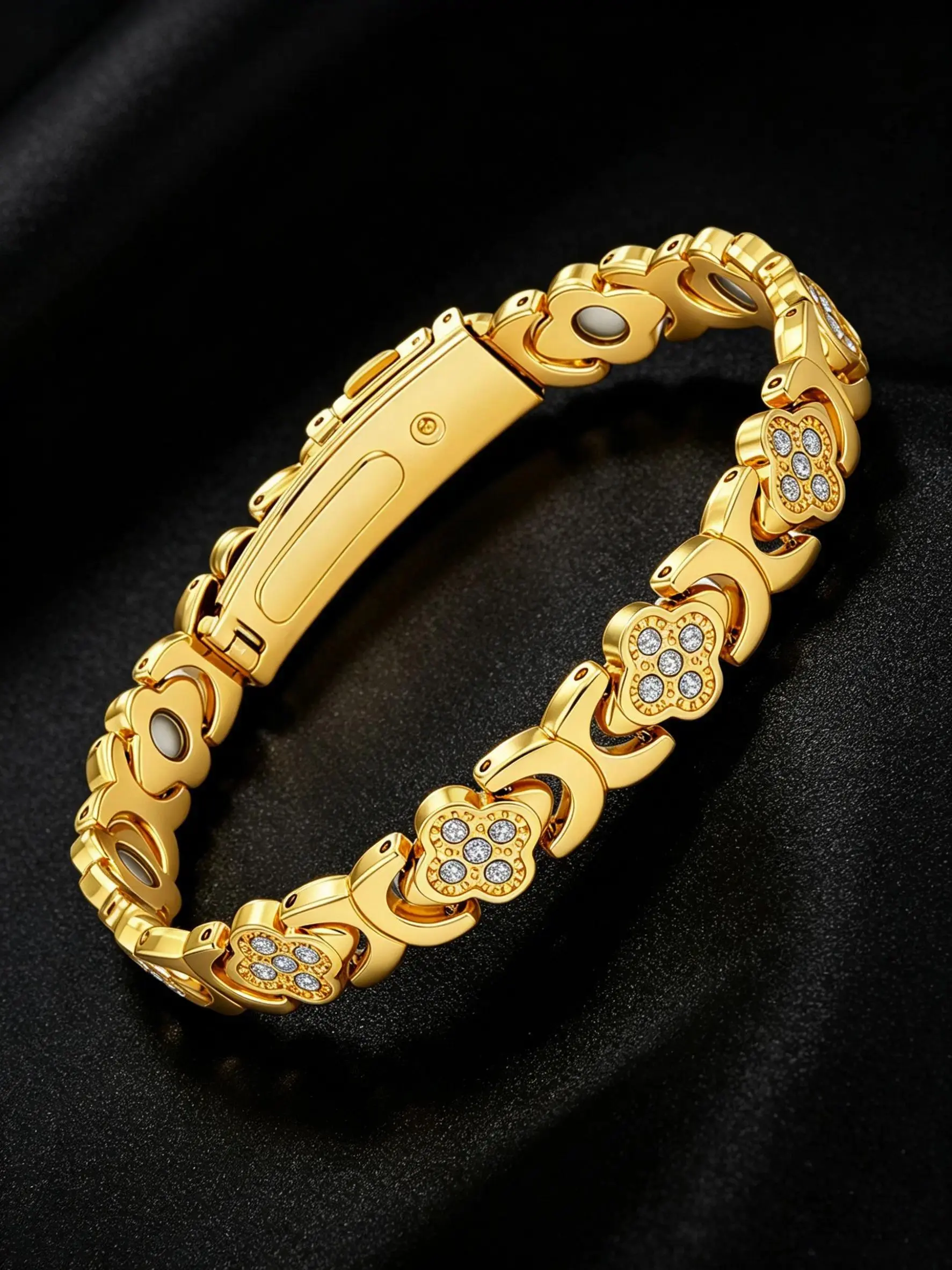 Four Leaf Clover Cubic Zirconia Link Bracelet For Women, Stainless Steel Stackable Bangle, Available In Gold Tone, Silver Tone & Rose Tone, Elegant Lucky Flower Daily Wedding Jewelry Suitable For Gift For Her, Exquisite Bracelet