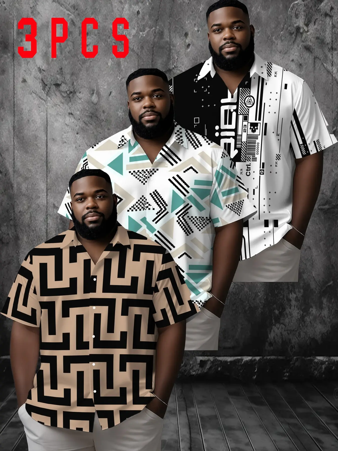 3-Pack Plus Size Men's Hawaiian Shirts, All Over Print Lightweight Polyester, Summer Casual Short Sleeve Tops, Ideal for Warm Weather