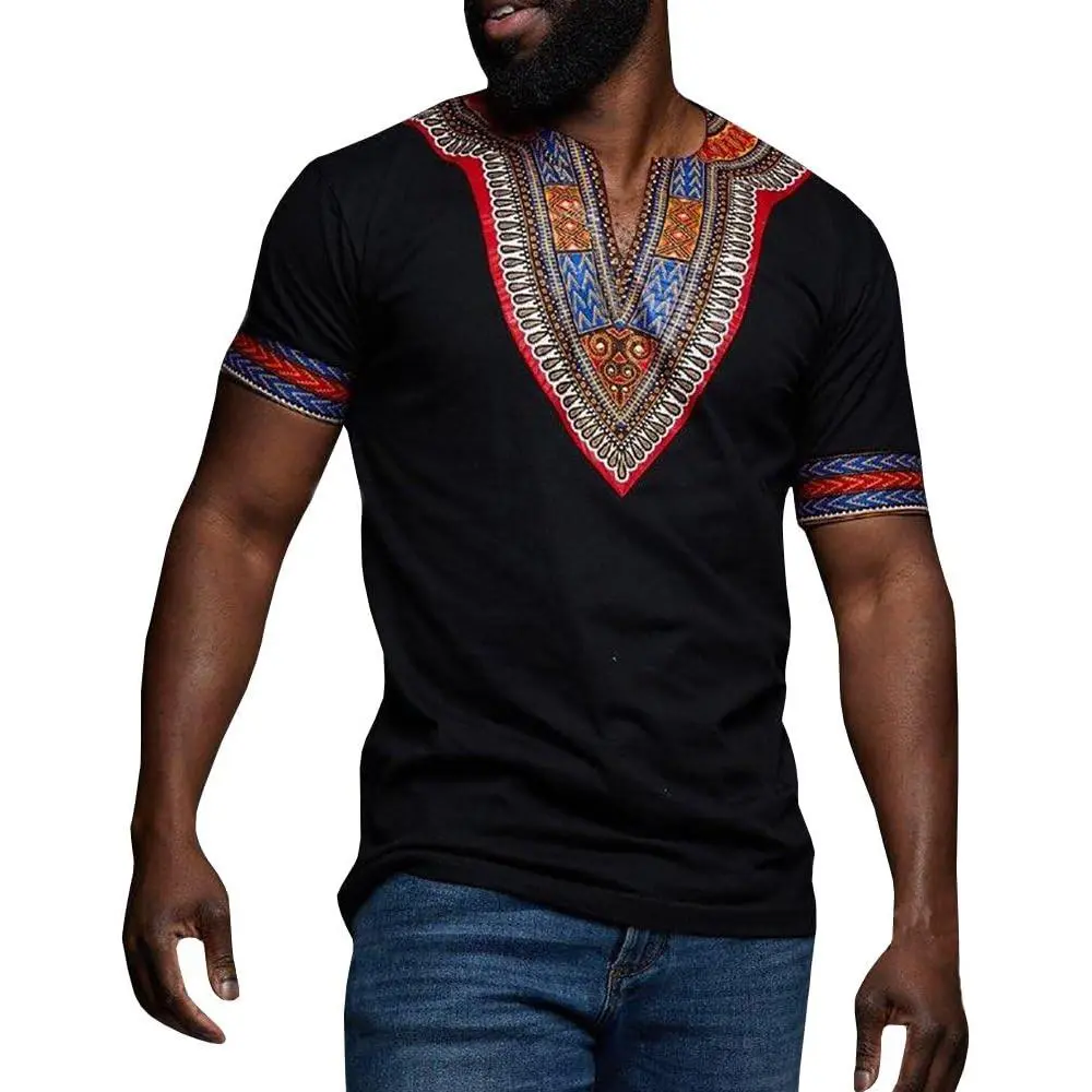 Makkrom Men's African Dashiki T-Shirt - Short-Sleeve, Ethnic, Slim-Fit, V-Neck, Tribal Floral Graphic Menswear Top, Sleeves