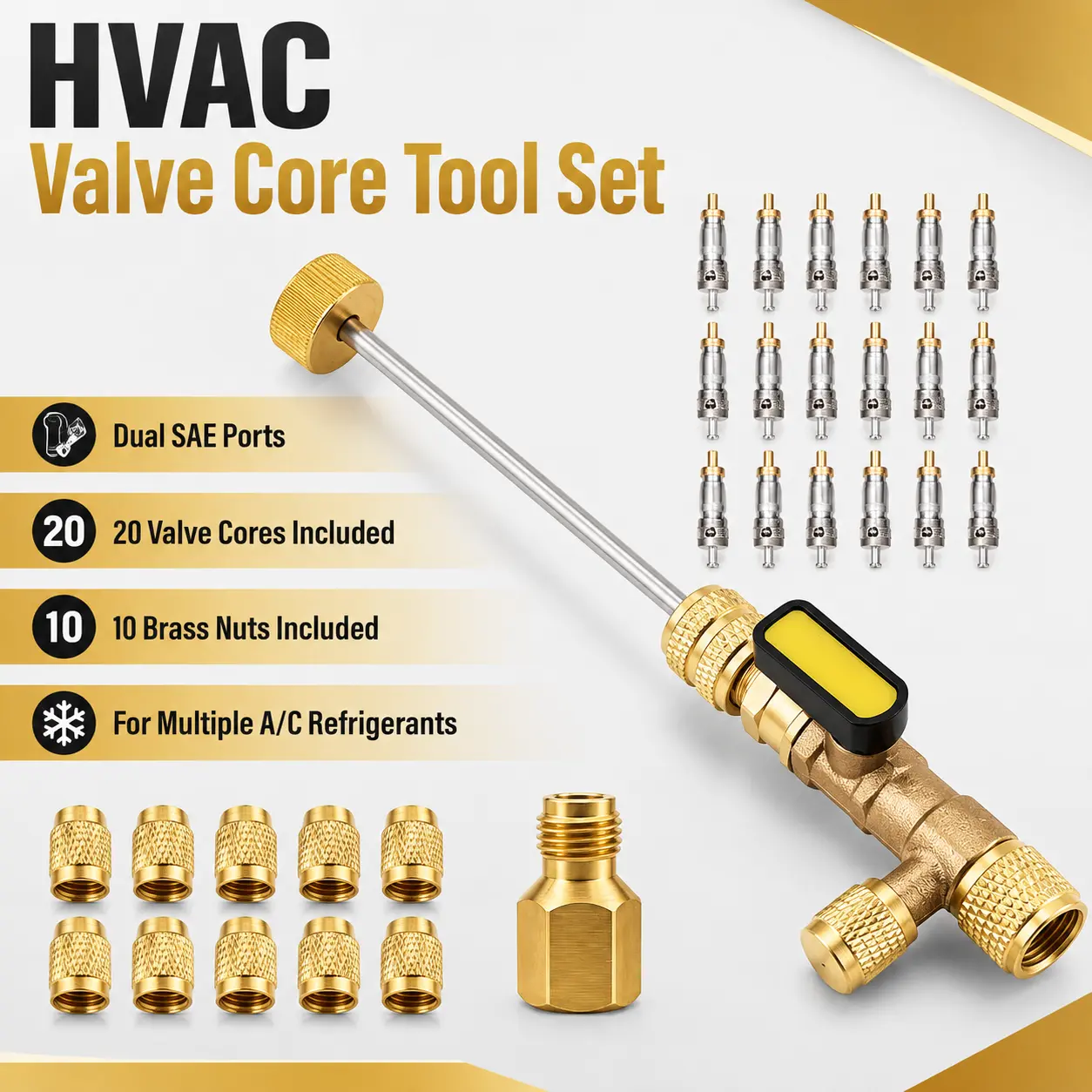 Heavy Duty Home A/C Refrigeration Valve Core Replacement Kit Set, 1/4 & 5/16 SAE Remover-Installer Tool with Teflon Seals, Brass Parts for Leak Proof Swap Service Work, Valve Swap