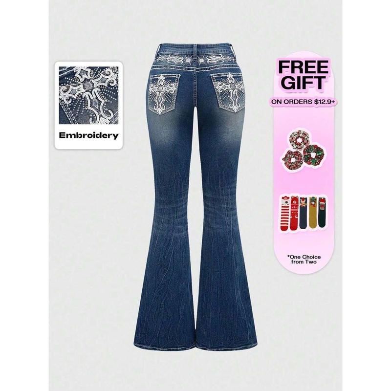 Women's Jeans - Grunge Punk Vintage, Cross Wings Embroidery, Drop Waist w/Buttons/Zipper, Slim Flared Curvy Fit - Spring/Fall Casual Daily Wear for Ladies(gift)