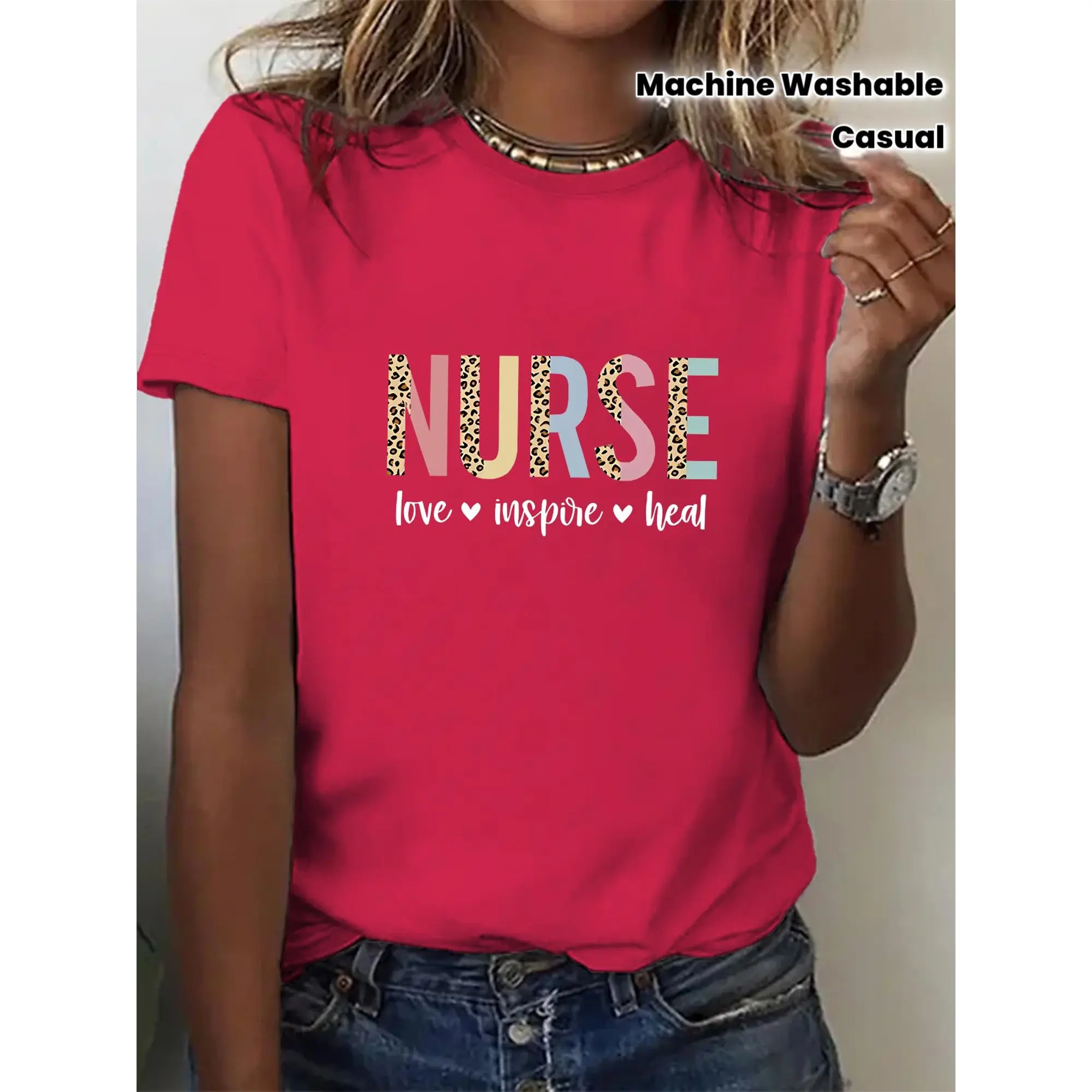 Women's Nurse Letter Print T-Shirt - Nurse-Themed Short Sleeve Crew Neck Top with NURSE Print, Casual Workwear for Healthcare Professionals, Machine Washable Suitable for Seasons & Daily Commute Outfits