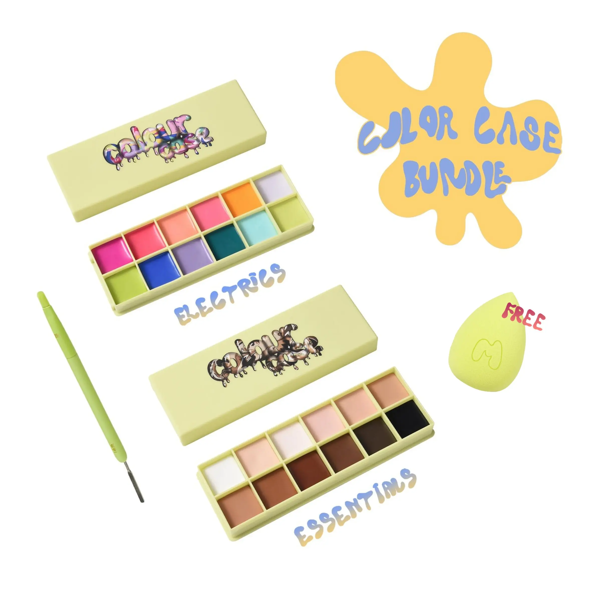 COLOUR CASE BUNDLE- ELECTRICS & ESSENTIALS COSMETIC PAINT PALETTE WITH 1PC SPONGE- MADE BY MITCHELL