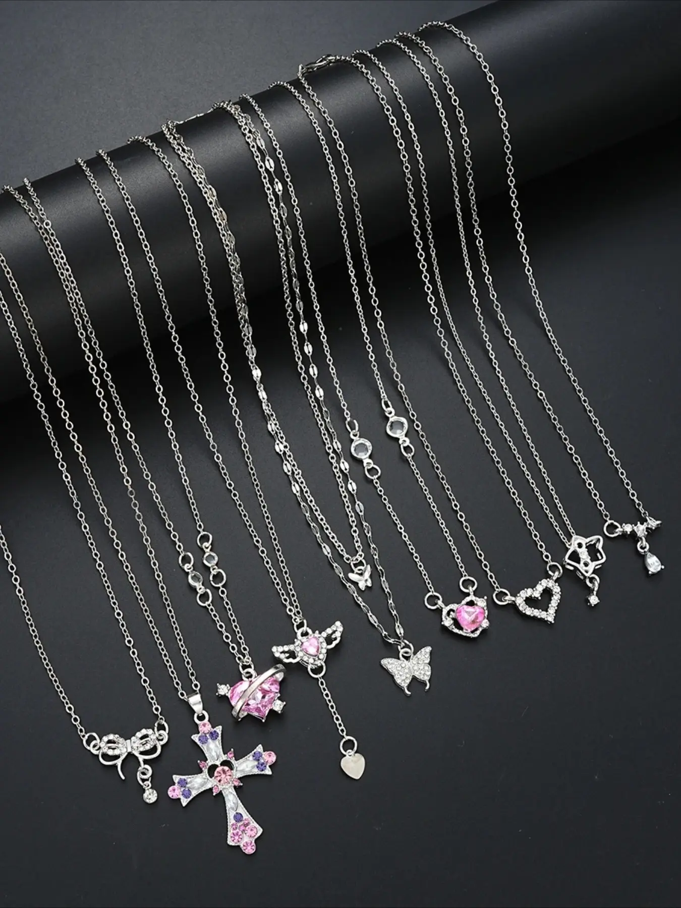 Women's Y2K Rhinestone Bow Cross Heart Star Pendant Necklace Set, Zinc Alloy Party Jewelry for Women, All-Seasons Fashion Accessory, Faith Pendant Necklace