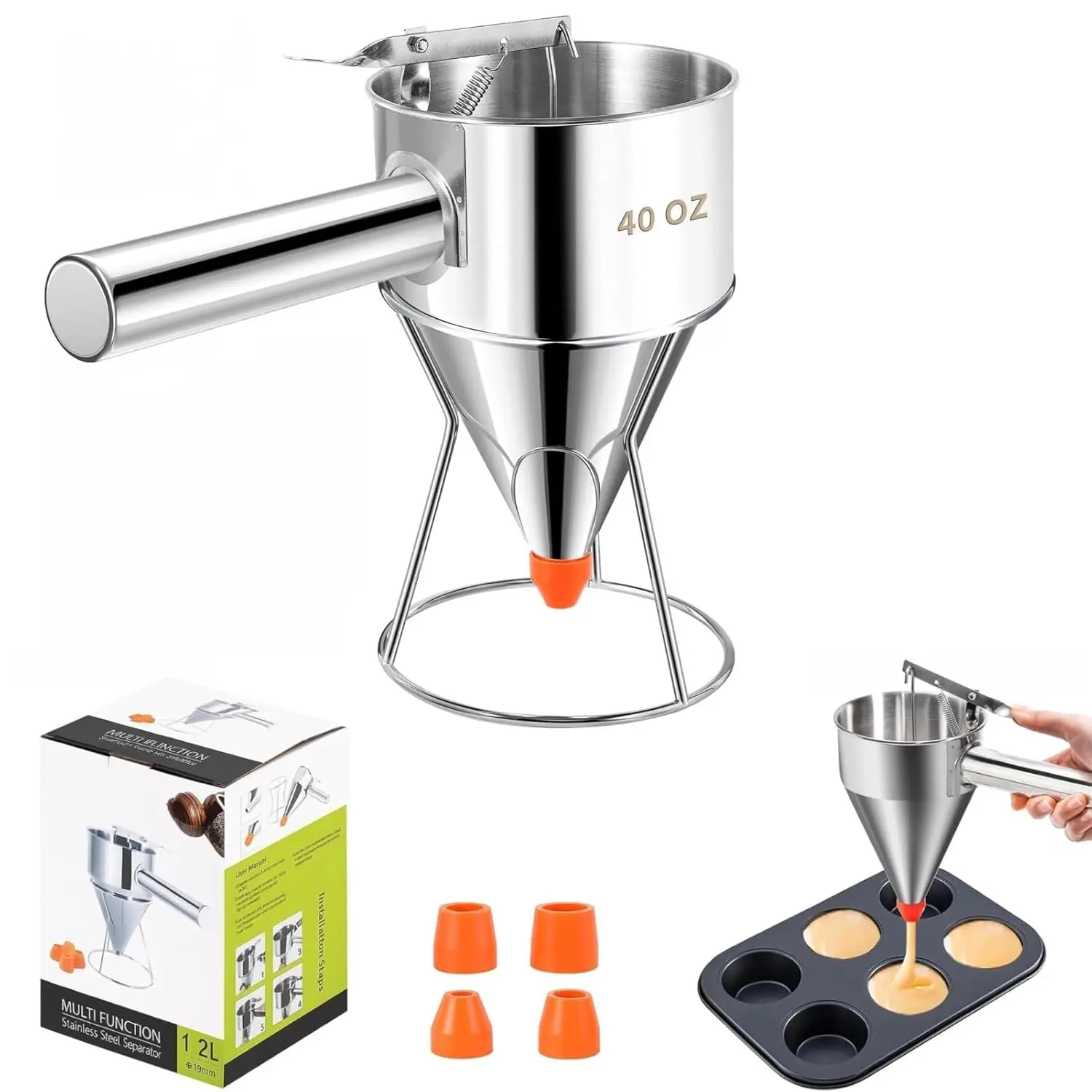 Stainless Steel Pancake Batter Dispenser, Multi-Nozzle | Leak-Proof Funnel Cake Dispenser | Thumb-Press Handle for Precise Batter Control | Ideal for Pancakes, Waffles & Muffins | 20OZ/40OZ Optional