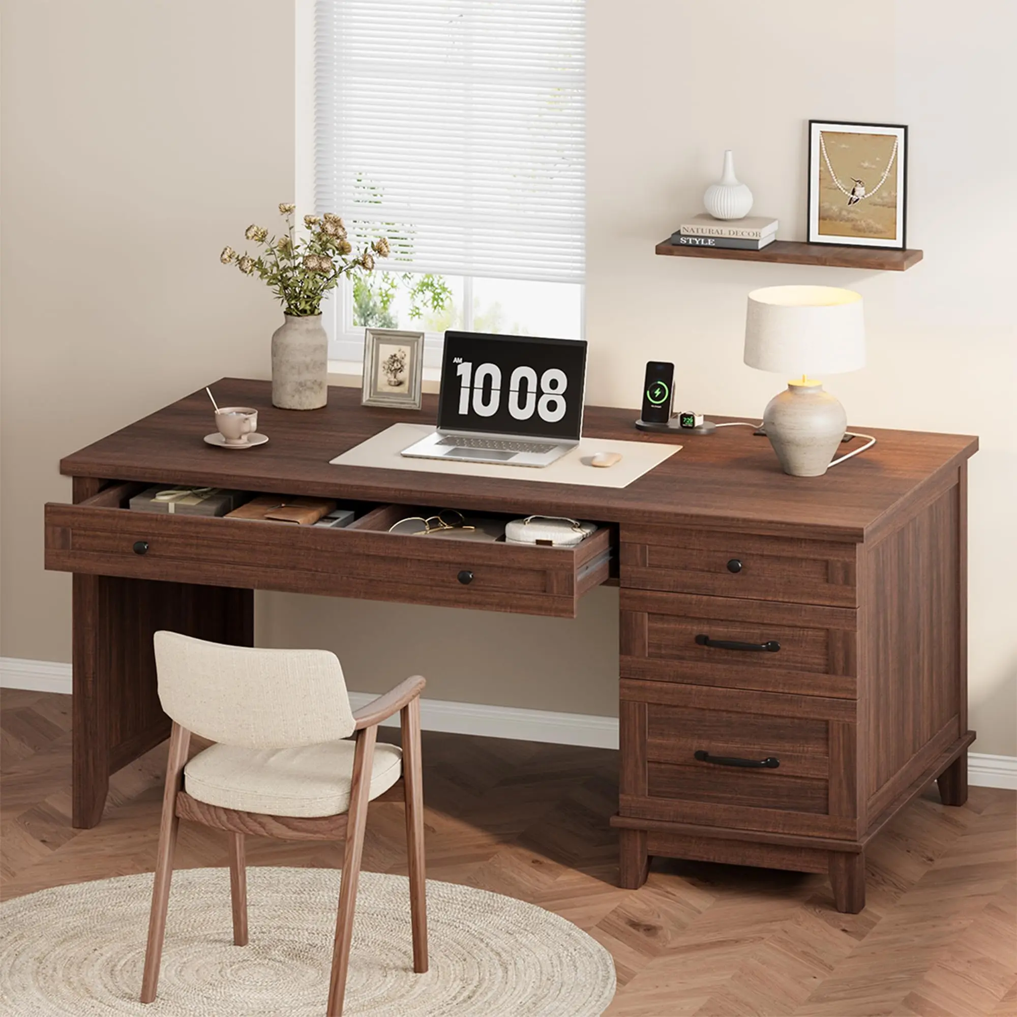Garvee 53.5" Executive Desk with Power Outlet, Home Office Desk with Drawers, Wooden Work Desk with File Cabinet, Computer Desk for Work, Study, Writing, Brown