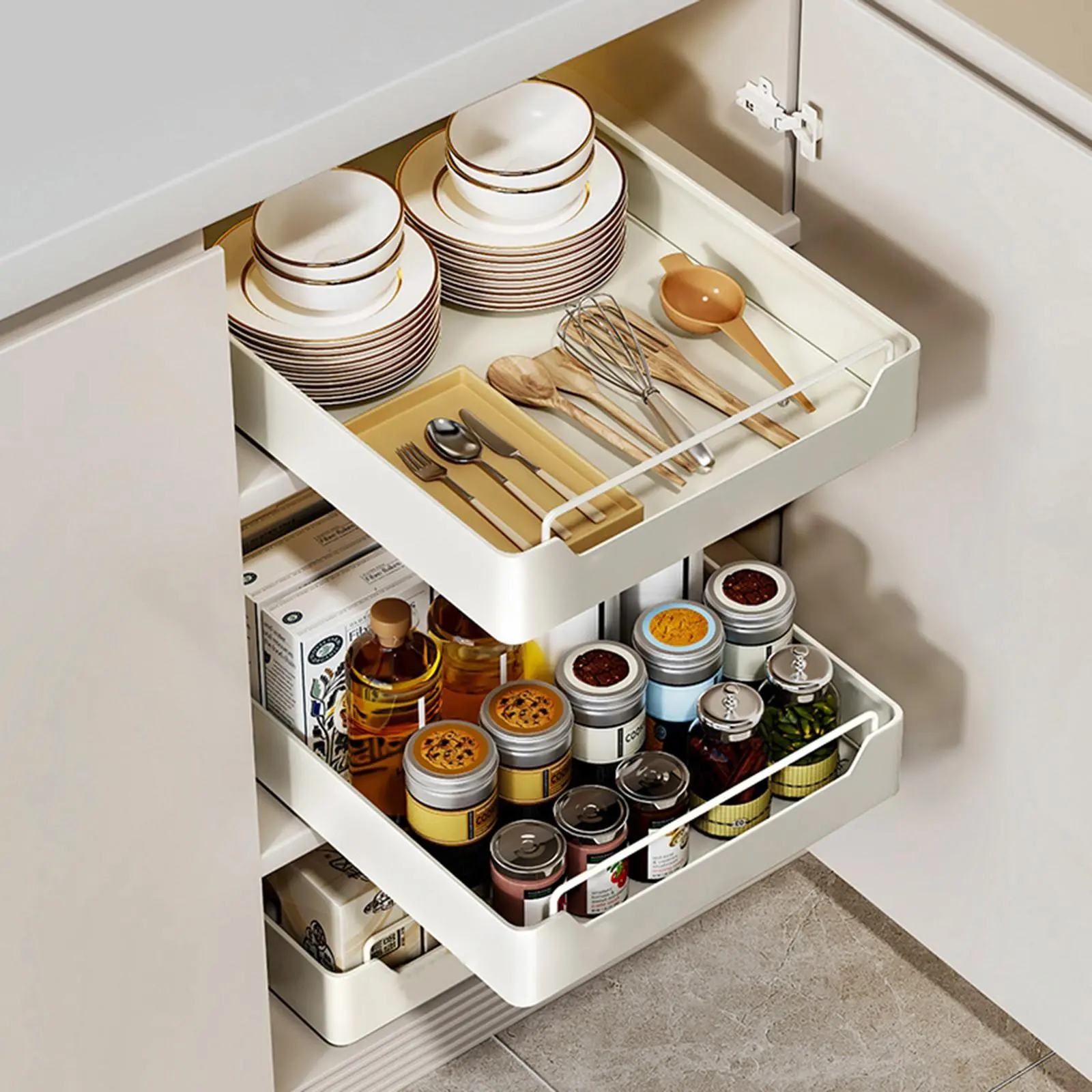 Minimalist Heavy-Duty Steel Pull-Out Telescopic Kitchen Drawer Organizer - Smooth Slide Expandable Sliding Cabinet Tray - Drill-Free Install - Space-Saving Storage Rack for Baking Cupboards, Stainless