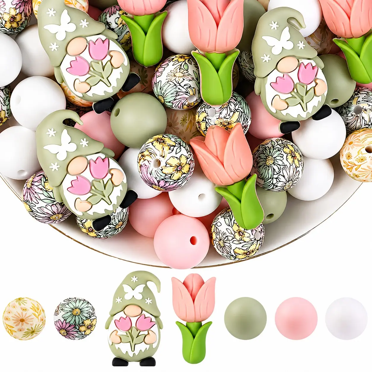 30pcs Garden Gnome Silicone Beads Set, Flower and Tulip Theme DIY Craft Beads, Bag Charms, Phone Charms, Backpack Decorations, Ideal Gift