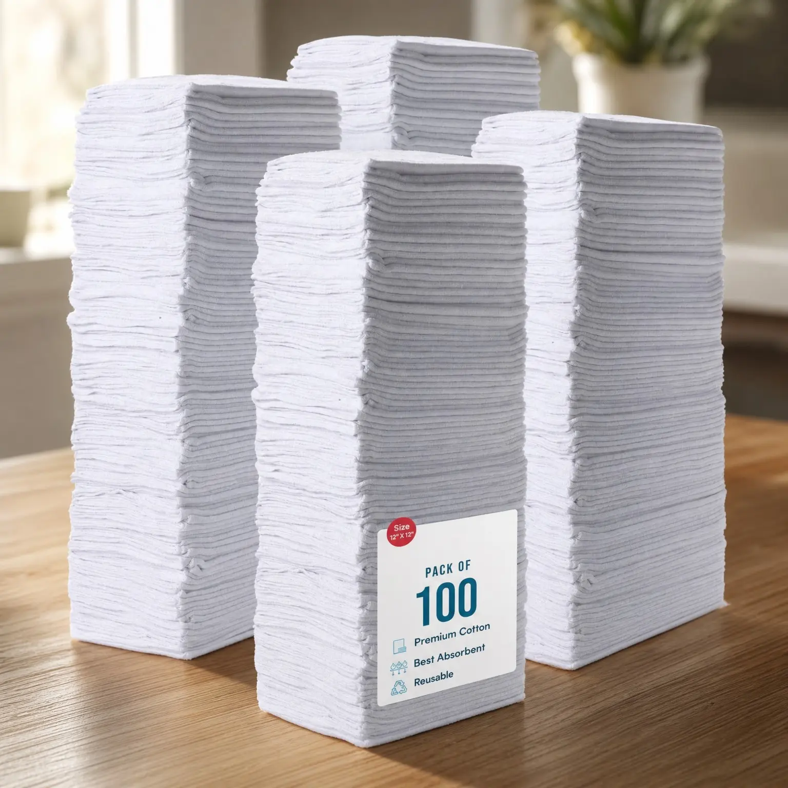 Cotton Shop Towels 14"x12" (100 Pack) – Reusable Cleaning Rags for Auto, Industrial, Garage & Home (White)
