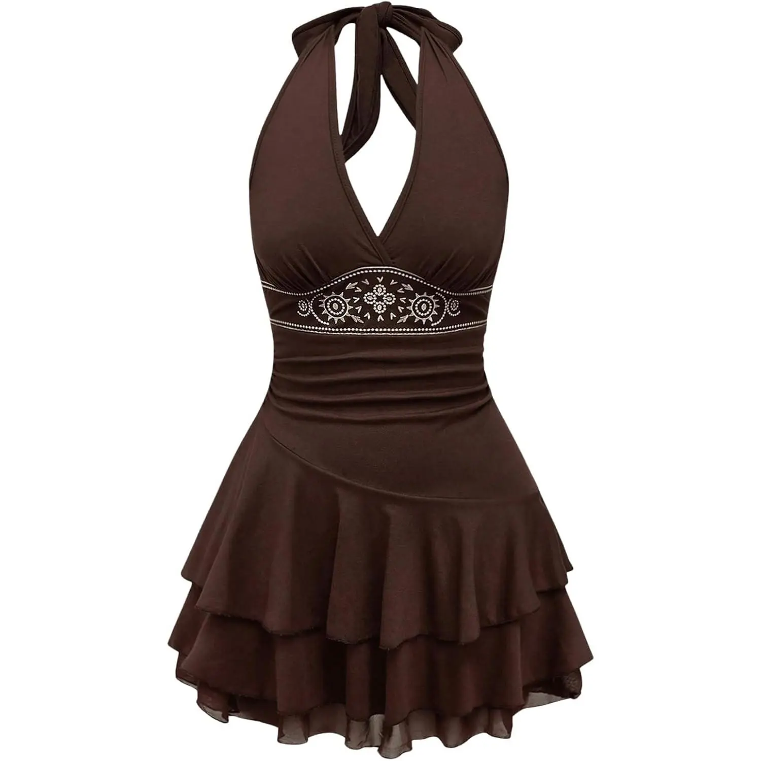 Women's Sleeveless Halter Backless Stretchy Flowy Embroidery Short Western Cowboy Dress - Flat Sun Summer Dress, Birthday, Lightweight