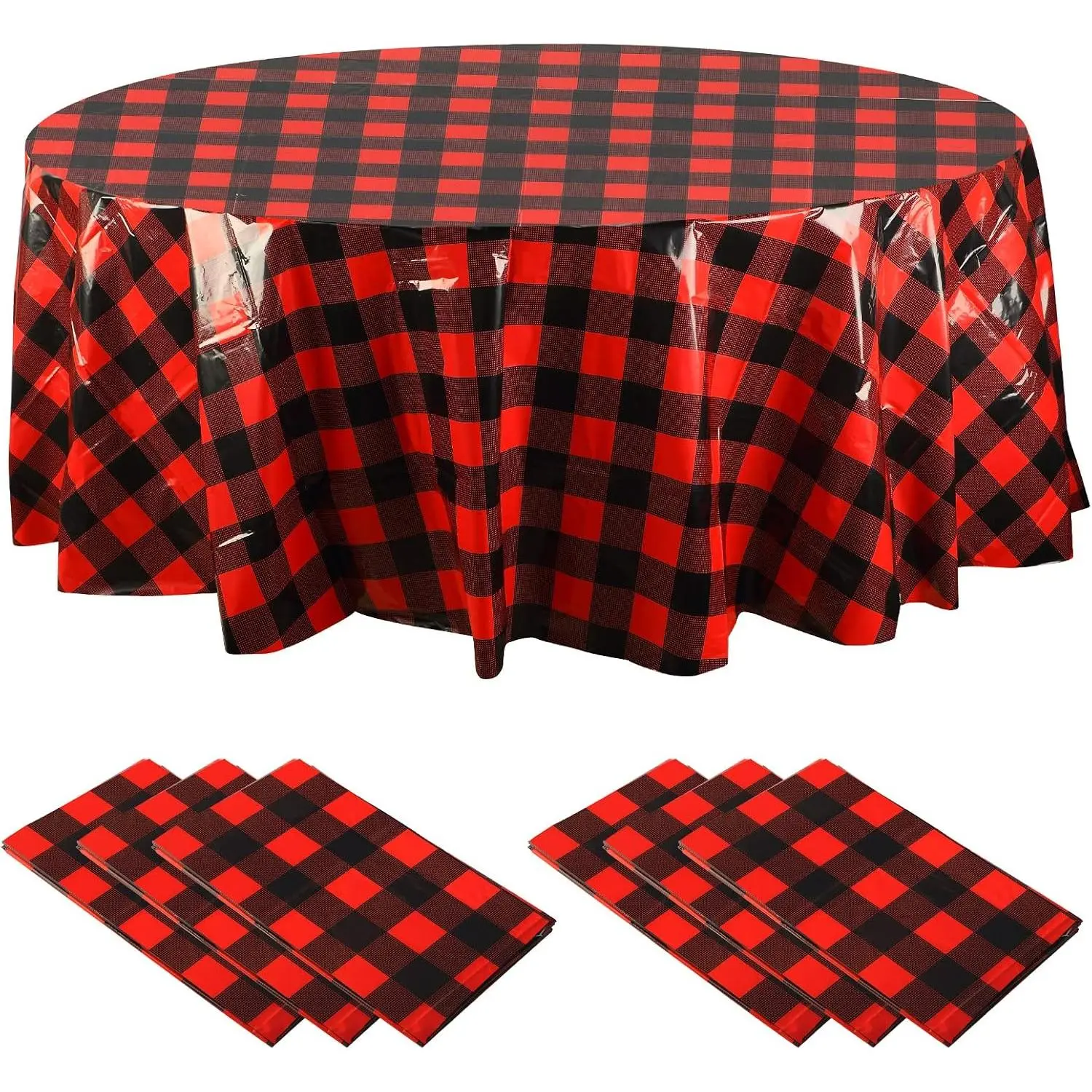 Christmas Disposable Checkered Tablecloth Round Plastic Buffalo  Table Cloth 84'' Gingham Tablecover for Picnic Camping BBQ Graduation Party(Red and Black,6 Pieces)