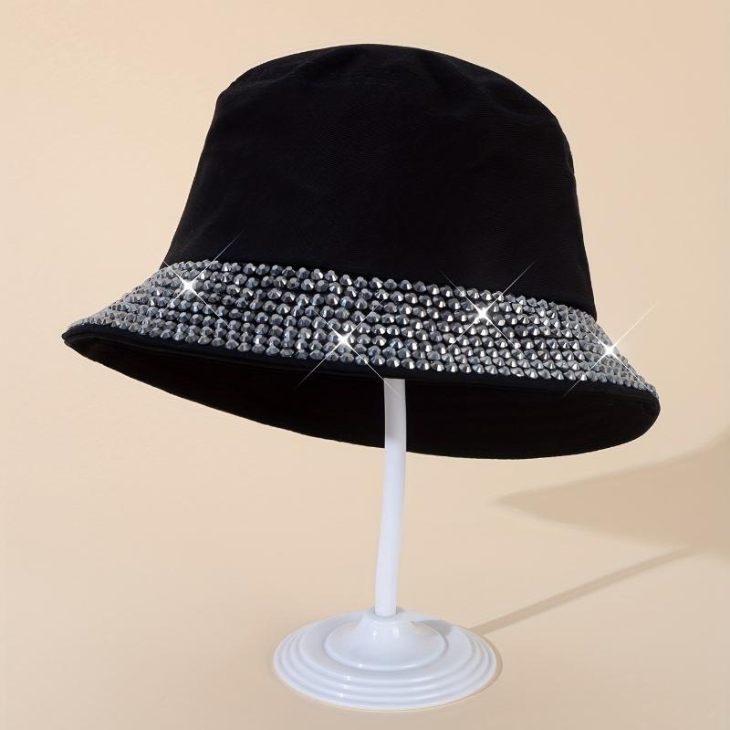 Black Casual Rhinestone Bucket Hat] Trendy Rhinestone Decor 