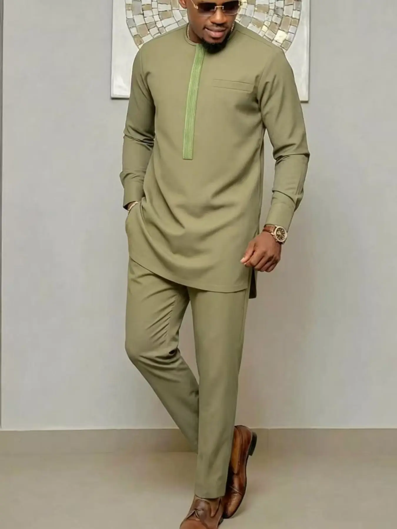 Men's Kaftan 2-Piece Set, Long Sleeve Cultural Ethnic Pattern Blouse, Elegant Drop Waist Design, Formal Evening Wear, Muslim Clothing, Menswear