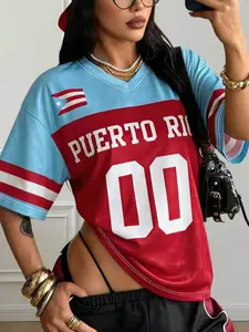 Unisex Puerto Rico 00 Flag Print Oversized Jersey T-Shirt, 2026 Y2K Streetwear V-Neck Short Sleeve Tops, Vintage Sporty Mesh Tee, Breathable Sports Top, 90s 2000s Fashion, Perfect for Daily Wear, Street Style, Parties, Lightweight Breathable