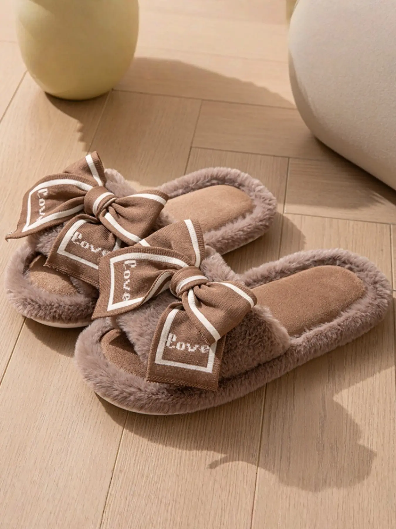 Women's French Style Bow Fuzzy Slippers, Open-Toe Design, Breathable and Comfortable, Soft Velvet Material, Indoor Casual Footwear