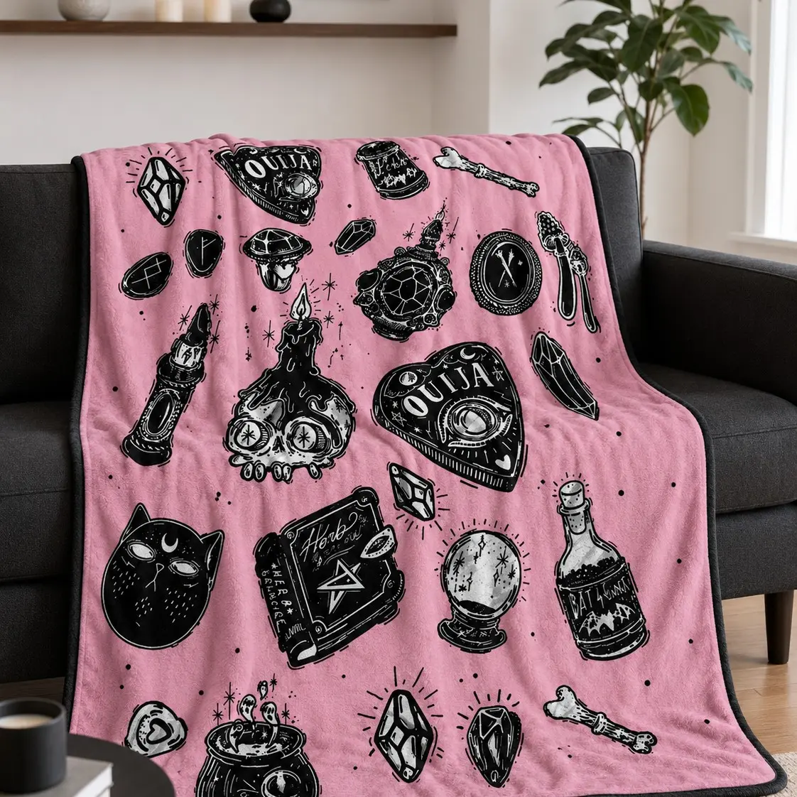 1PC Flannel Throw Blanket, Pink Gothic Witchcraft and Fortune Telling Theme, Black Skull Candle Crystal Ball Ouija Board and Mystic Cat Illustration Print, Soft Skin-Friendly Plush Fleece Blanket, Lightweight Cozy Warm Throw for Bed, Sofa, Nap, Movie Nigh