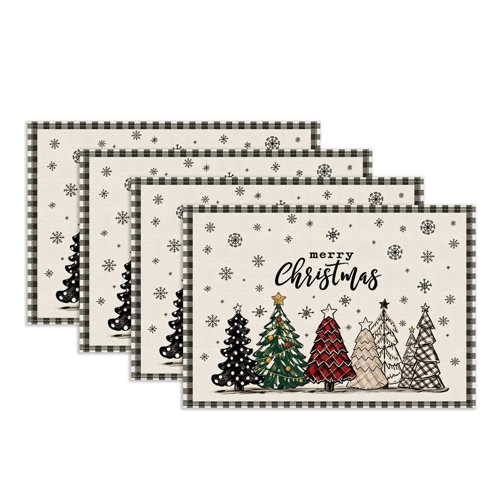 4/5/6/7Pcs Christmas Table Runner & Placemats Set, Black Buffalo Plaid Border Merry Christmas Multi-Style Tree & Snowflake Print Heat-Resistant Table Mats, Indoor & Outdoor Festive Tablescape Decor for Family Gatherings & Christmas Party Table Decor