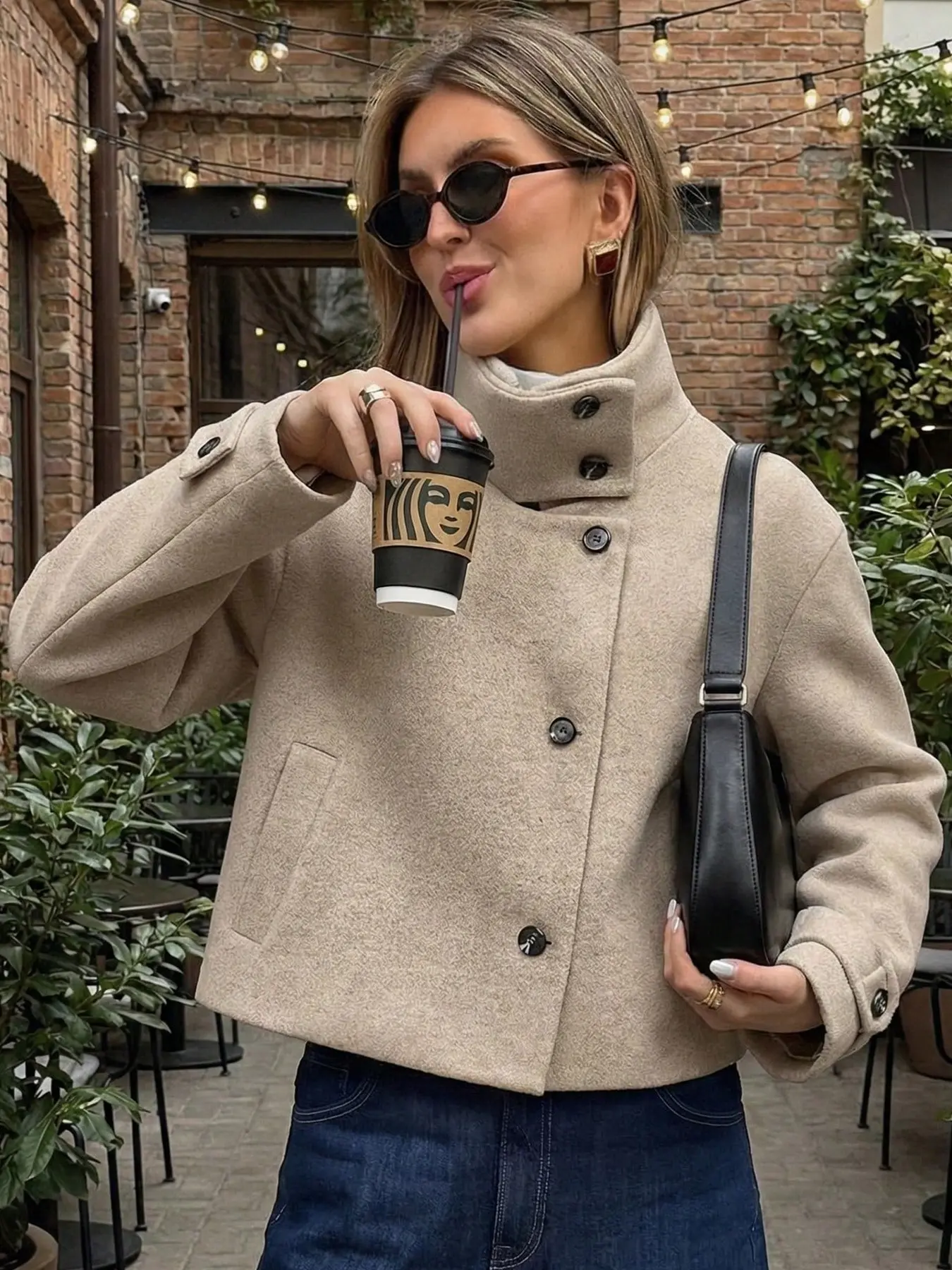 2026 Tweed Cropped Jacket Women's Jacket Autumn Winter Button Black Khaki Outerwear High Neck Long Sleeve Tops For Women Wool Blend Short Coat Office Daily Business Commute Jackets
