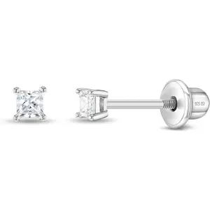 In Season Jewelry Princess Square Cut Kids Earrings - 925 Sterling Silver Hypoallergenic Earrings for Girls with Safety Screw Backs - Safe & Comfortable for Toddlers, Kids & Little Girls, 2mm-5mm