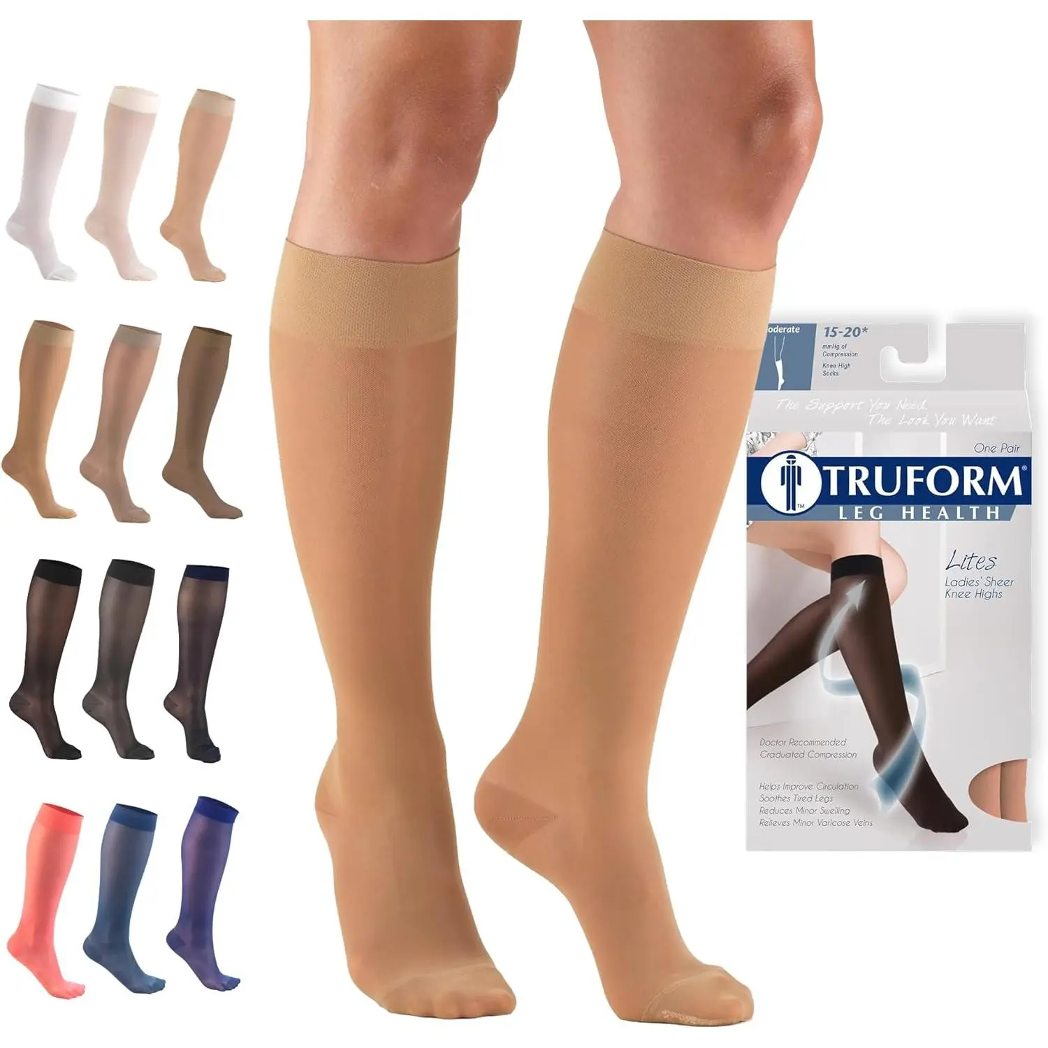 Women's Sheer Knee High Compression Socks, 15-20 mmHg Nylon Stockings with Stay-Up Top & Knit-In Heel for Muscle Recovery, Swelling, Travel & Pregnant Nursing Mothers, Edema, Compression Socks Women