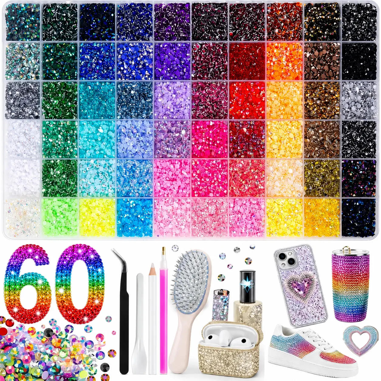 1-Box 60-Color 3 mm Trendy Nail-Bedazzling Rhinestones Kit, AB Iridescent Crystal Rhinestones, Semi-Circular Flat-Back Resin Diamond Decorations for DIY Nails, Birthday and Holiday Ornaments, Nail Art Supplies