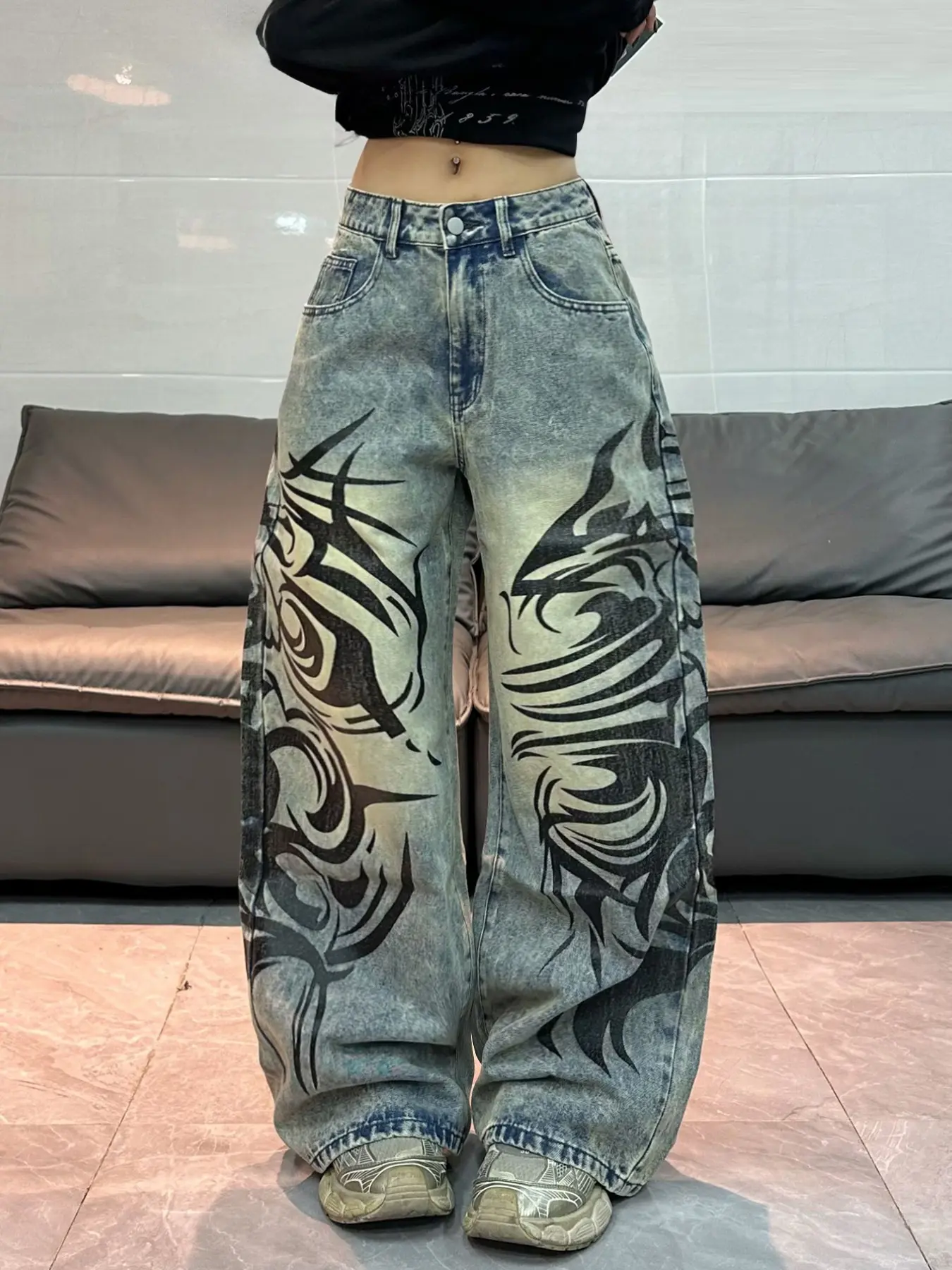 American Vintage Washed Totem Print Loose Baggy Fit Denim Jeans, Street Fashion Trendy High Waist Wide Leg Pants for Women, All Seasons
