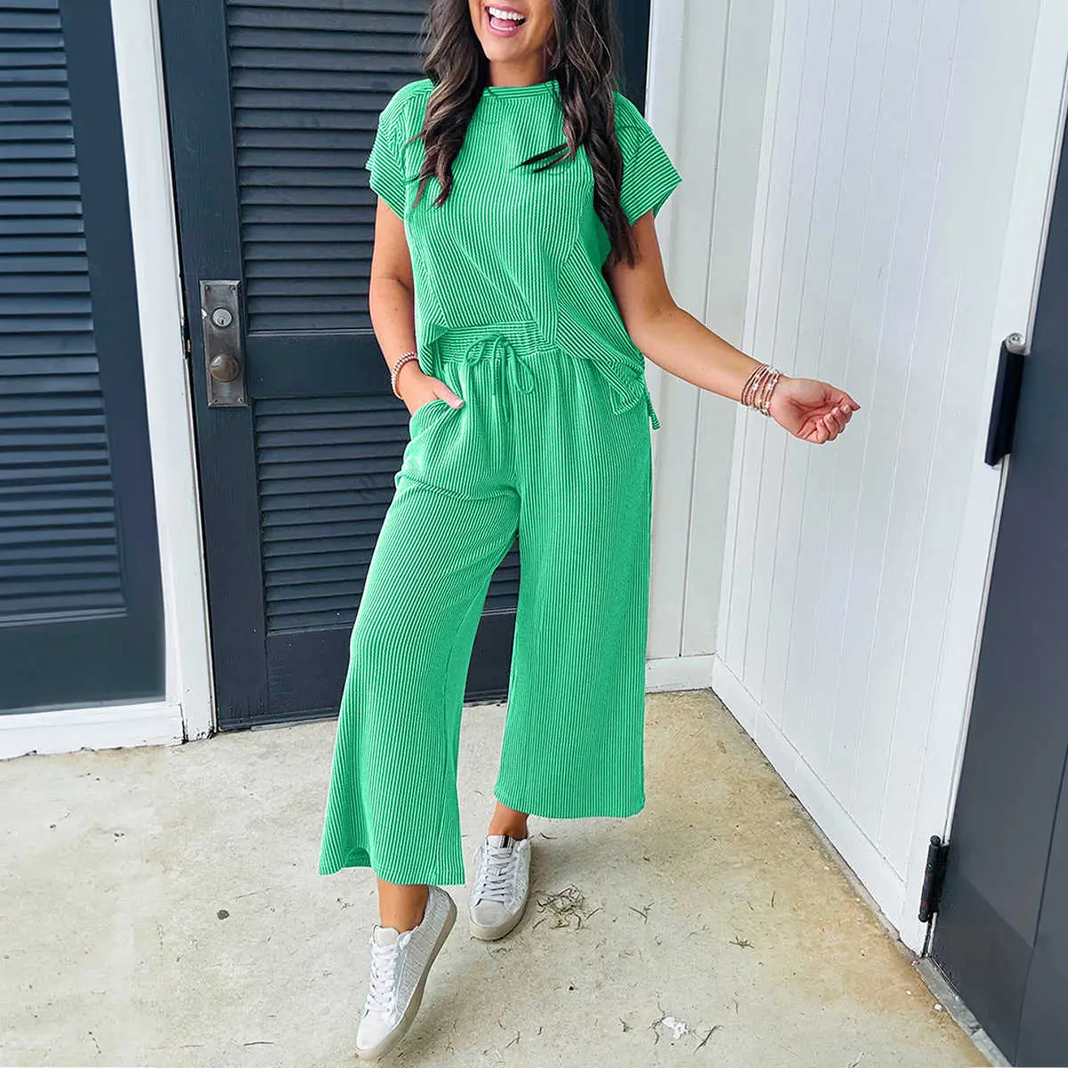 Bright Green Solid Corded Knit Short Sleeve T Shirt and Wide Leg Pants Set Women's Summer Lounge Outfit