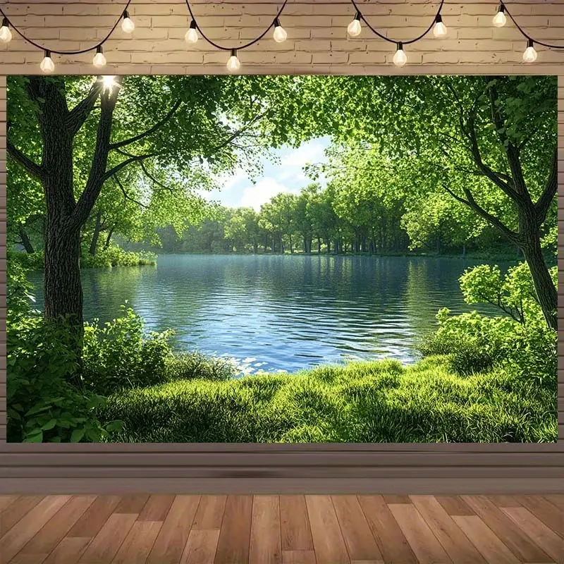 Self-Adhesive Polyester Wallpaper Roll - Large Tranquil Forest River Natural Backdrop with Lush Green Trees, Sun-Drenched Foliage, Easy Peel-Stick, No Electricity Needed for Weddings, Birthday Parties, Room & Event Decor, Birthday Party Backdrop