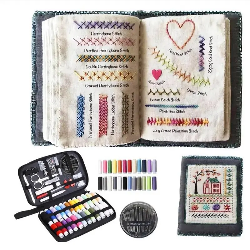 Flipable DIY Sewing Embroidery Book Set, Beginner Fabric Embroidery Craft Kit, With Illustrations, Tutorials, And Sewing Tools, Including Needles, Scissors, Thread, And Storage Bags, Suitable For DIY Textile Craft Enthusiasts To Learn Sewing Supplies