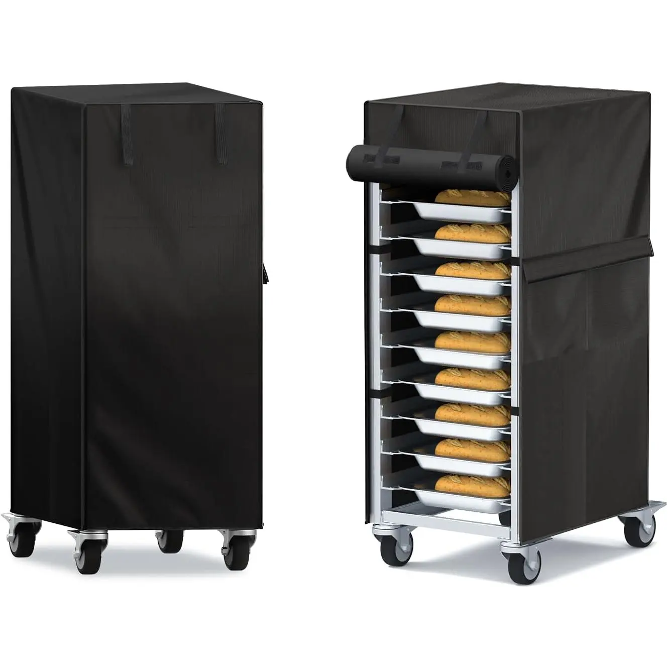 Speed Rack Cover 10-Tier 23"×28"×32" – 420D Oxford / Bread Rack Cover with Roll-Top Door, 1 Side Pocket-Commercial Bakery Bun/Sheet Pan Rack Protector, Black