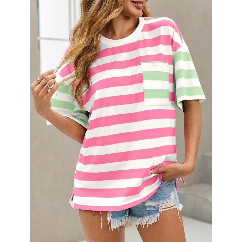 Womens Oversized Color Block Striped Tshirts Summer Casual Short Sleeve Tops Loose Fit Crew Neck Shirts