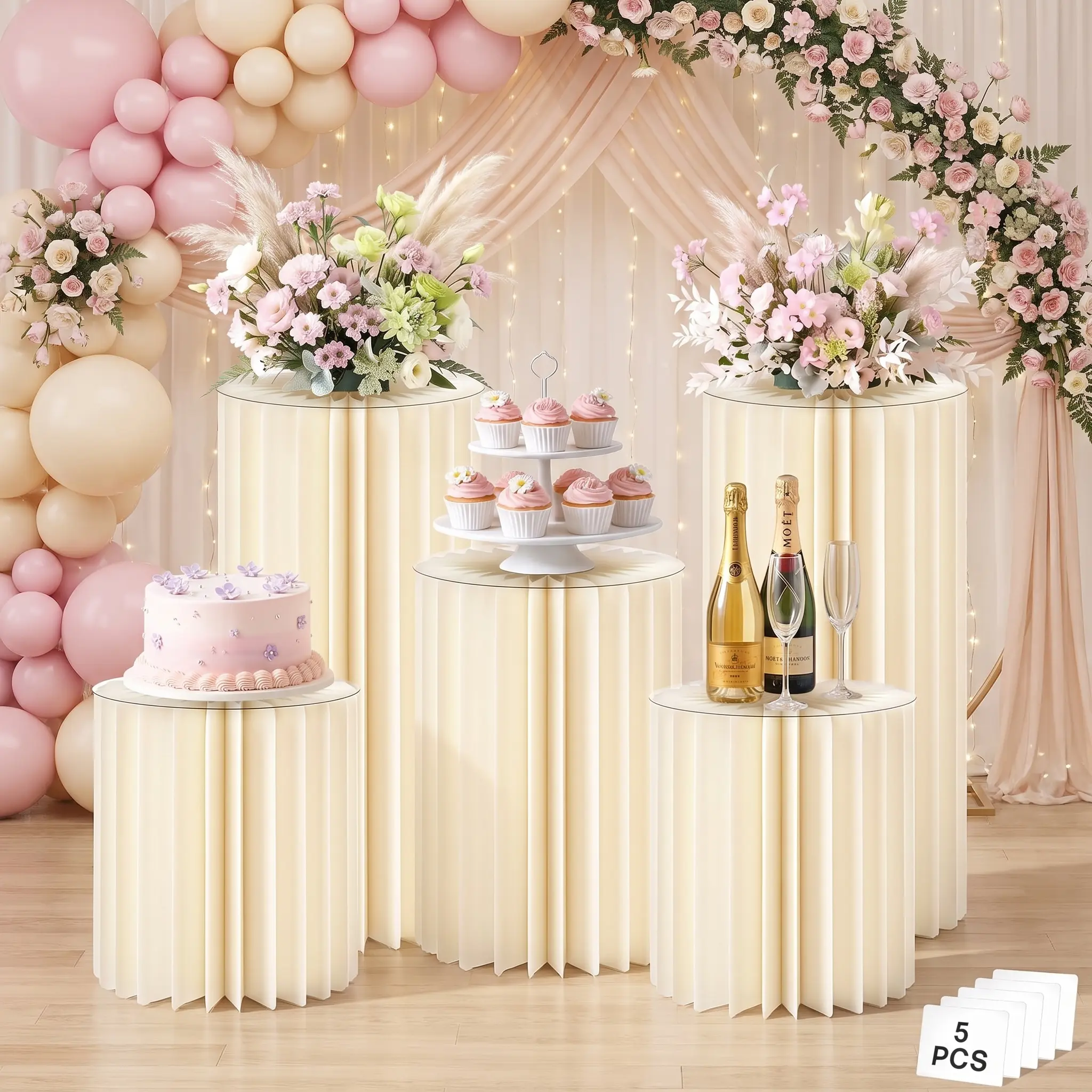 5 Pack Cylinder Stands for Party 15.7" 23.6" 31.5" Height Foldable Cardboard Tall Columns Cylinder Tables Round Cake Pedestal Stands Display Plinth Pillar for Wedding Birthday Party Decor (White)