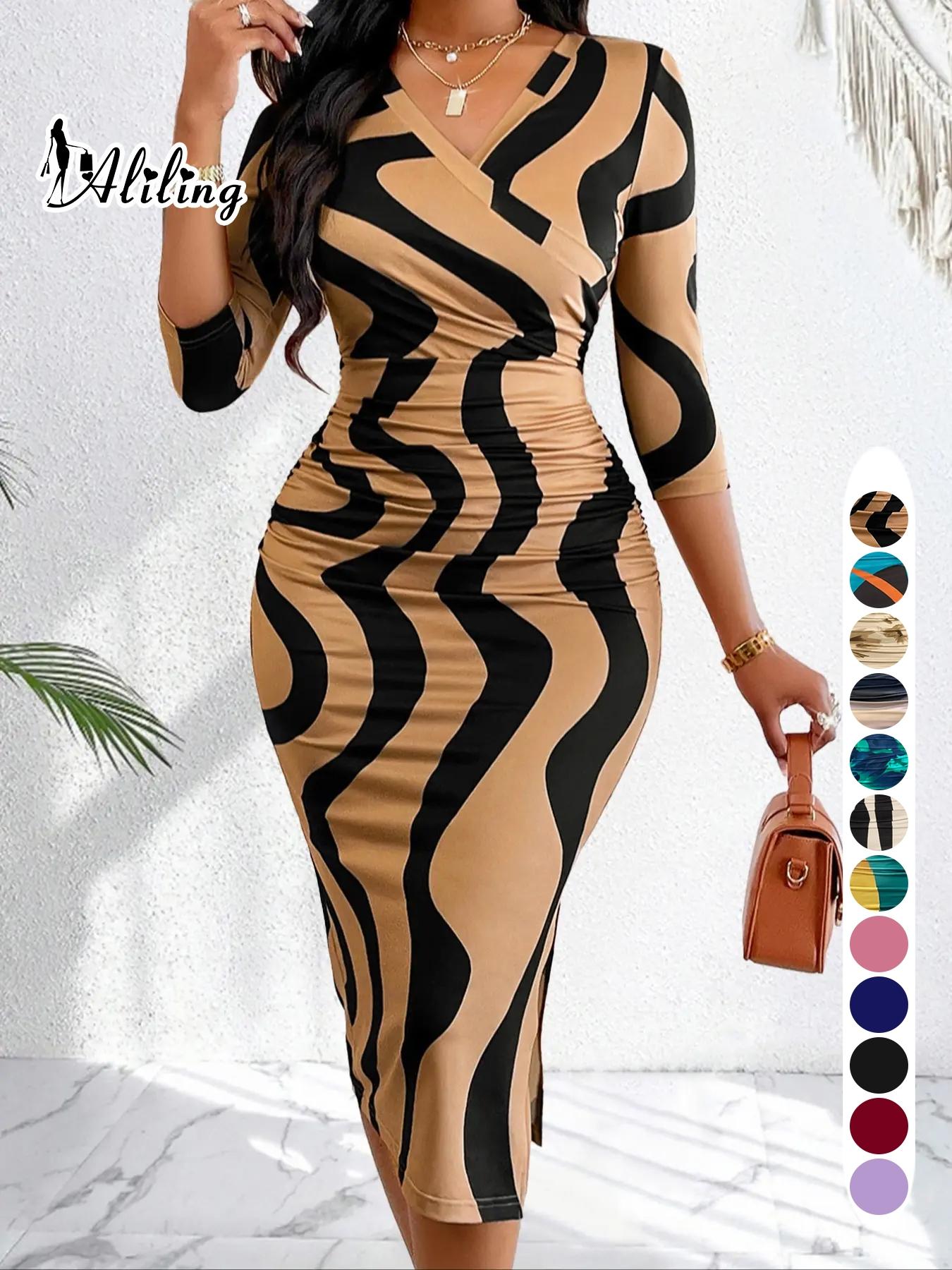 Aliling Women's Dress Valentine's Day Women's Clothing Summer Thin Elegant Midi V-Neck Half Sleeve Geometric Print Ruched Slim-Fitting Dress