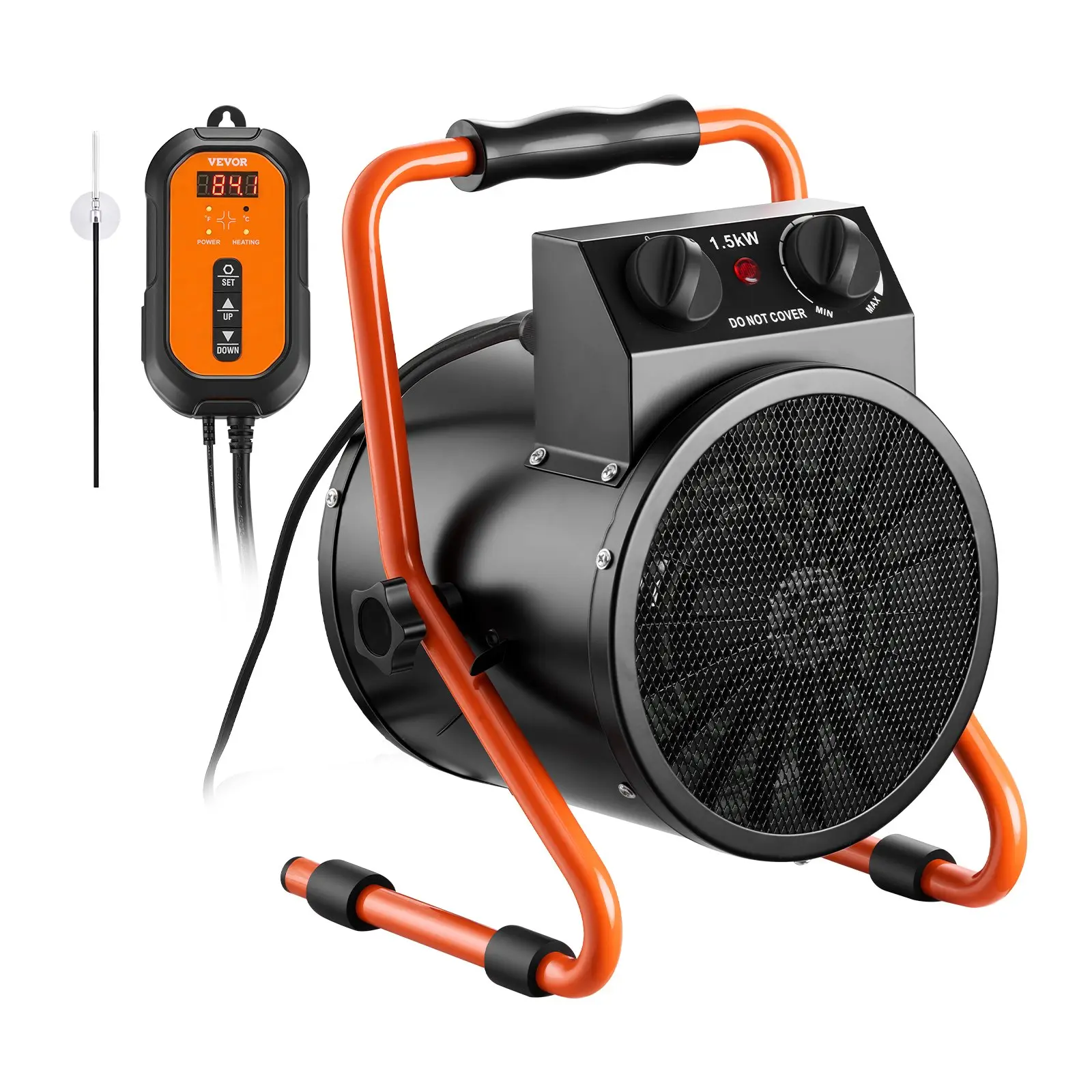 VEVOR Stable 1500W Electric Greenhouse Heater (1500-1999W Range) for Plant Growth, Thermostat Control, Fan & High Heat Modes, 25° Adjustable Angle, IPX4 Rated, Fire Resistant, 7.1 lbs, Grip Handle, 10.63x8.66x12.8in, Grow Tent Use, 10.63 X 8.66 X 12.8 In