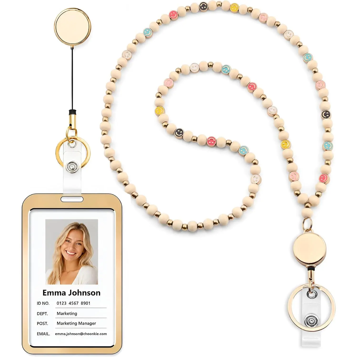 Women's Happy Bead Lanyard with Retractable ID Badge Reel, Synthetic Beads for Office Identification Badges (Teacher-Focused)