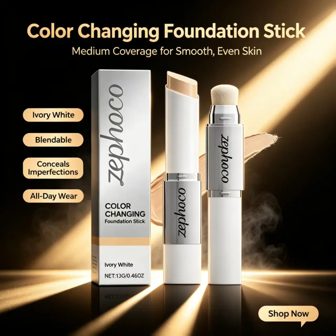 Zephoco Ivory 2-in-1 Color Changing Foundation Stick with SPF50, Serum Infused Light Hydrating Base, Skin-Fit Non-Caking Sheer Radiant Makeup, Waterproof Longwear Conceal Freckles & Faux Freckles concealer brush removable