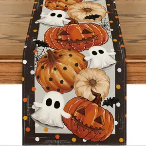 A linen polka-dot pumpkin ghost tablecloth, 13x72 inches, Halloween linen farmhouse indoor kitchen dining decoration, family party tablecloth, woven cover cloth, rectangle.