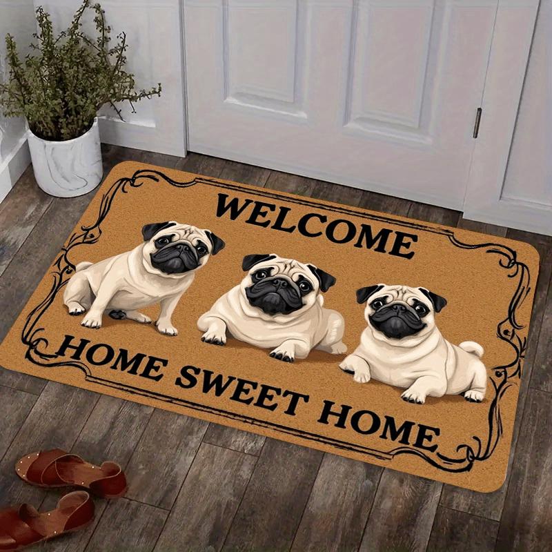 Adorable Pug Welcome Mat Soft Flannel Material Thick Pile 0.4 Washable Polyester Rectangular Shape Machine Washable Home Decor Entryway Pet Mat Anti-Slip Features