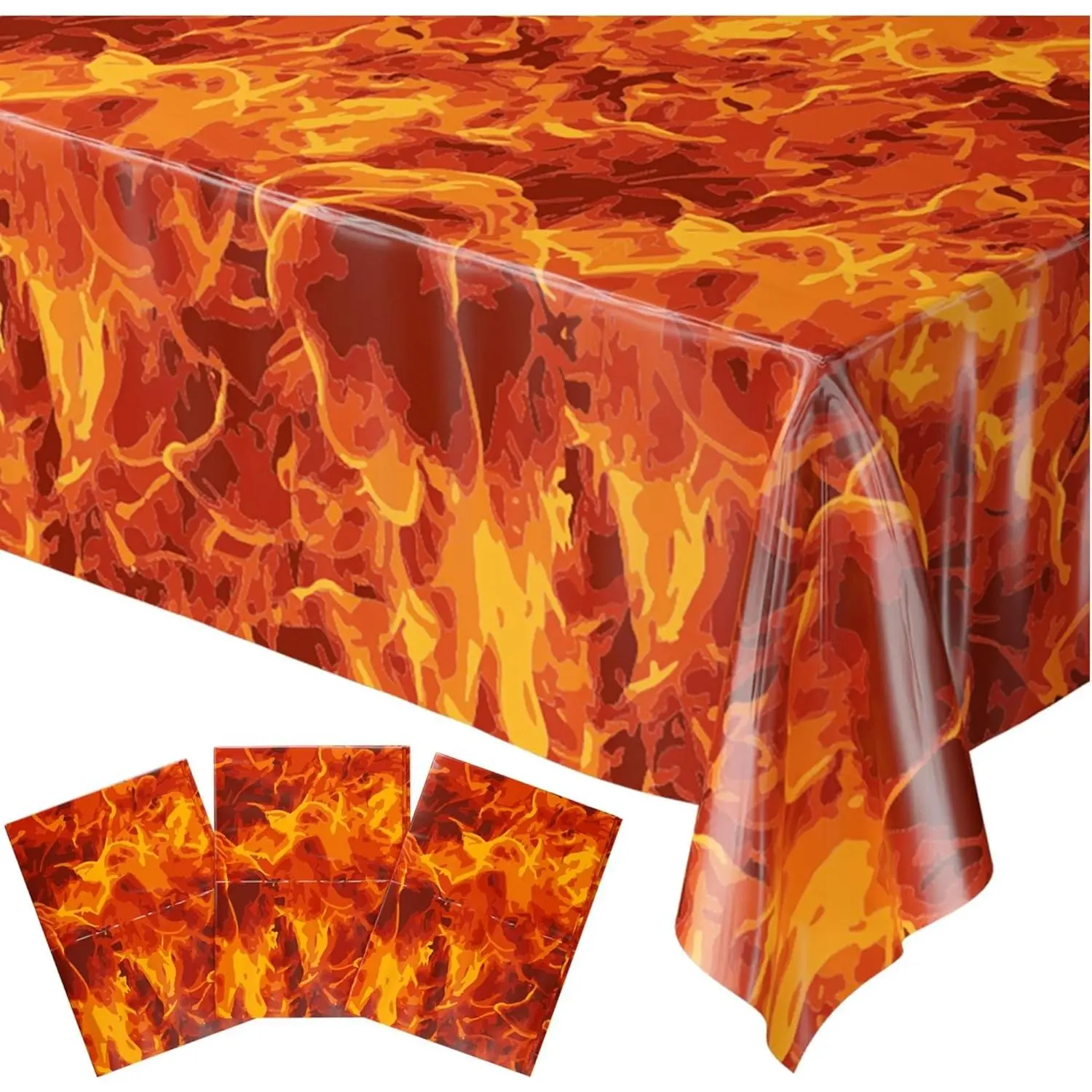 Fire Table Covers (Pack of 3) – 54"x108" XL Disposable Plastic Flame Tablecloth, Dragon Party Decoration, Durable Firefighter Birthday Banner Halloween, Camping Supplies Backdrop DecorGift