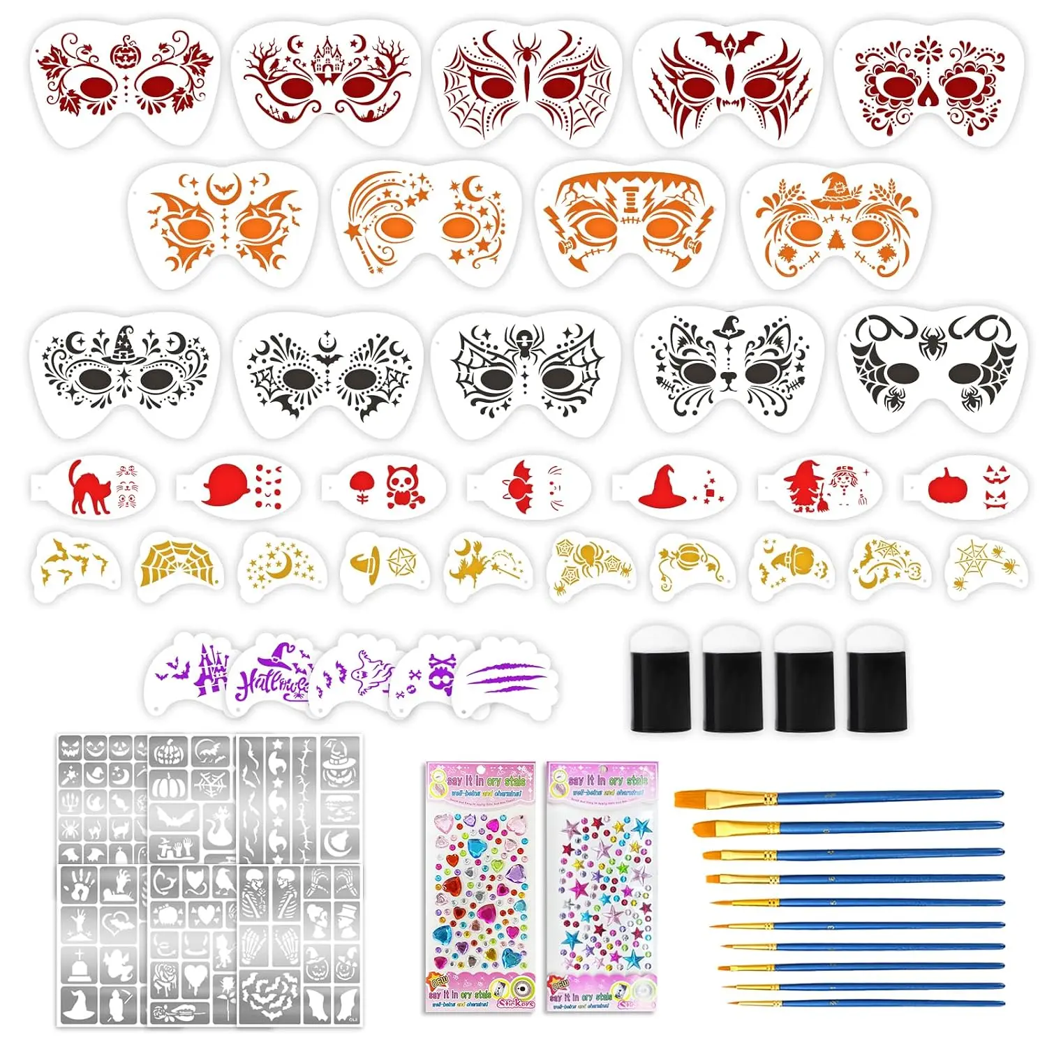 58 count   Stencils and Brushes Kit, Incledes 36  Facial Painting Stencils, 6 Sheets  Stencil Stickers, 10 Brushes, 2 Pack Adhesive , 4 Sponges for Party Festival Makeup