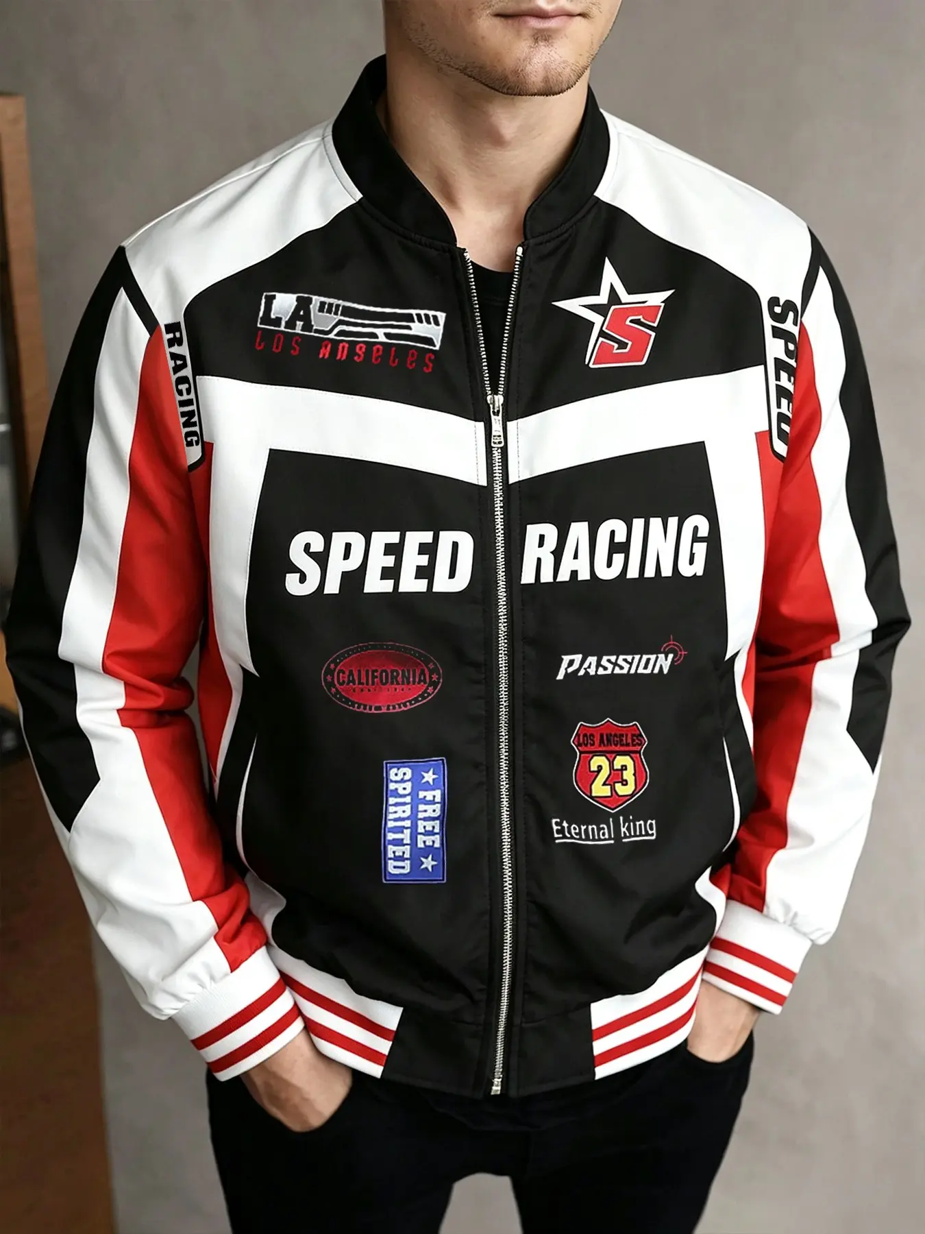 Men's Speed Racing Jacket, Multi-Emblem Letter Zipper Stand Collar, Vintage Motorcycle Street Style Coat, Fashionable Outerwear