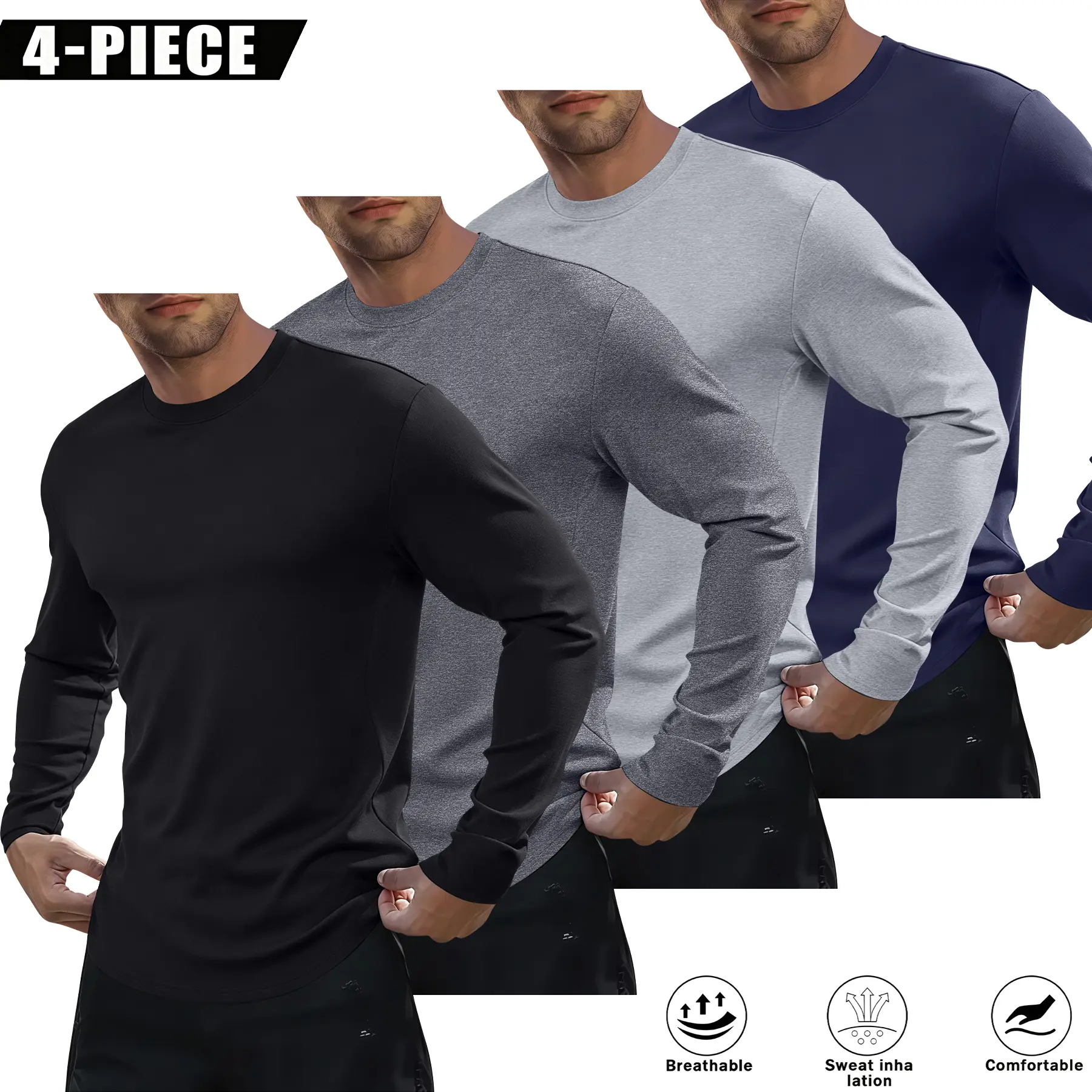 Men's Long Sleeve T Shirts 4-Pack, Vintage Solid Color Tops with Breathable Fabric, Extended Length Male Clothing for Gym & Casual Wear, Long Sleeve Tops, Fitted Cut, Solid Colors, Athletic Feeling Men's Long Sleeve T-Shirts