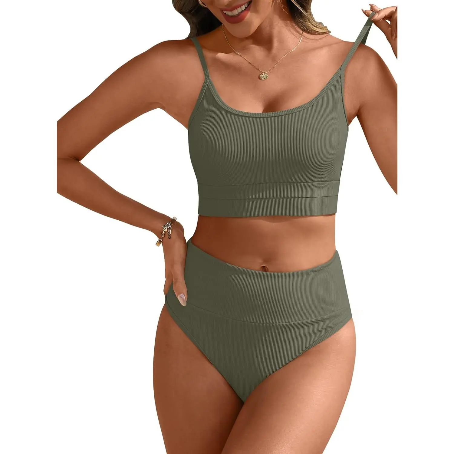 Women's High-Rise 2-Piece Bikini Swimsuit Set - Colorblock, Tummy Control, Thick Ribbed Bathing Suits for Beach Wear