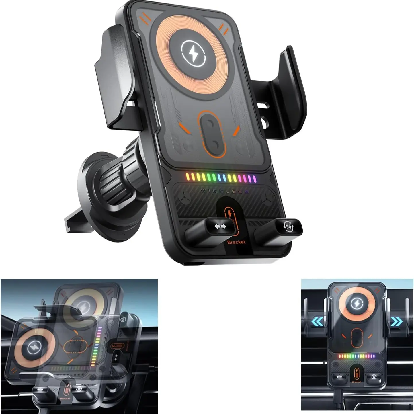 Car Phone Holder with 15w Wireless Charger, Smart Ventilated Mount, Auto Clamping, 90° Rotation, Compatible with iPhone, Samsung, Huawei